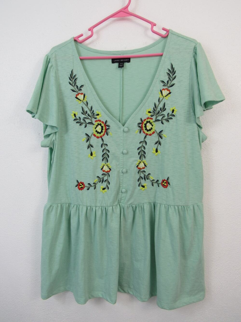 Lane Bryant 14/16 Swing Flutter-Sleeve Embroidered Babydoll Top Green Floral